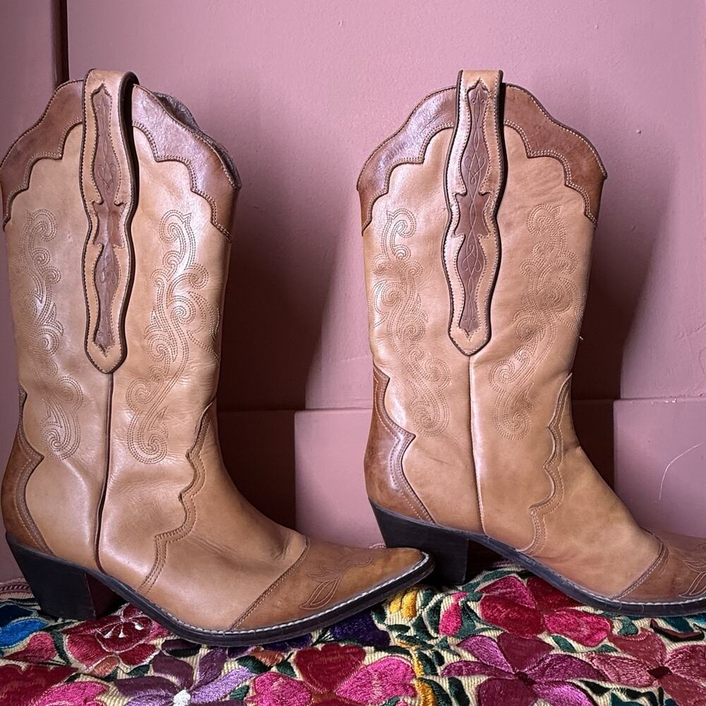 Vintage Stetson Casey Tan Leather Cowboy Boots Womens 9B Made In Brazil Western - Picture 7 of 11